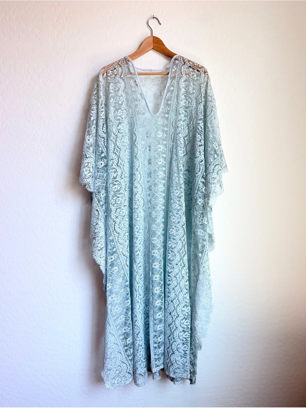 Vintage 70s Sheer Light Blue Raschel Lace Kaftan Gown
